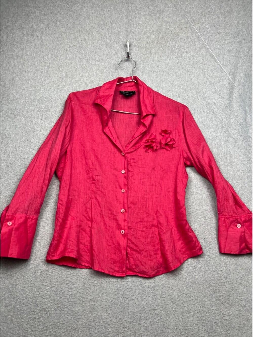 Vintage Tracy M Linen Button Up Shirt Womens Size L Barbiecore Pink Cottagecore